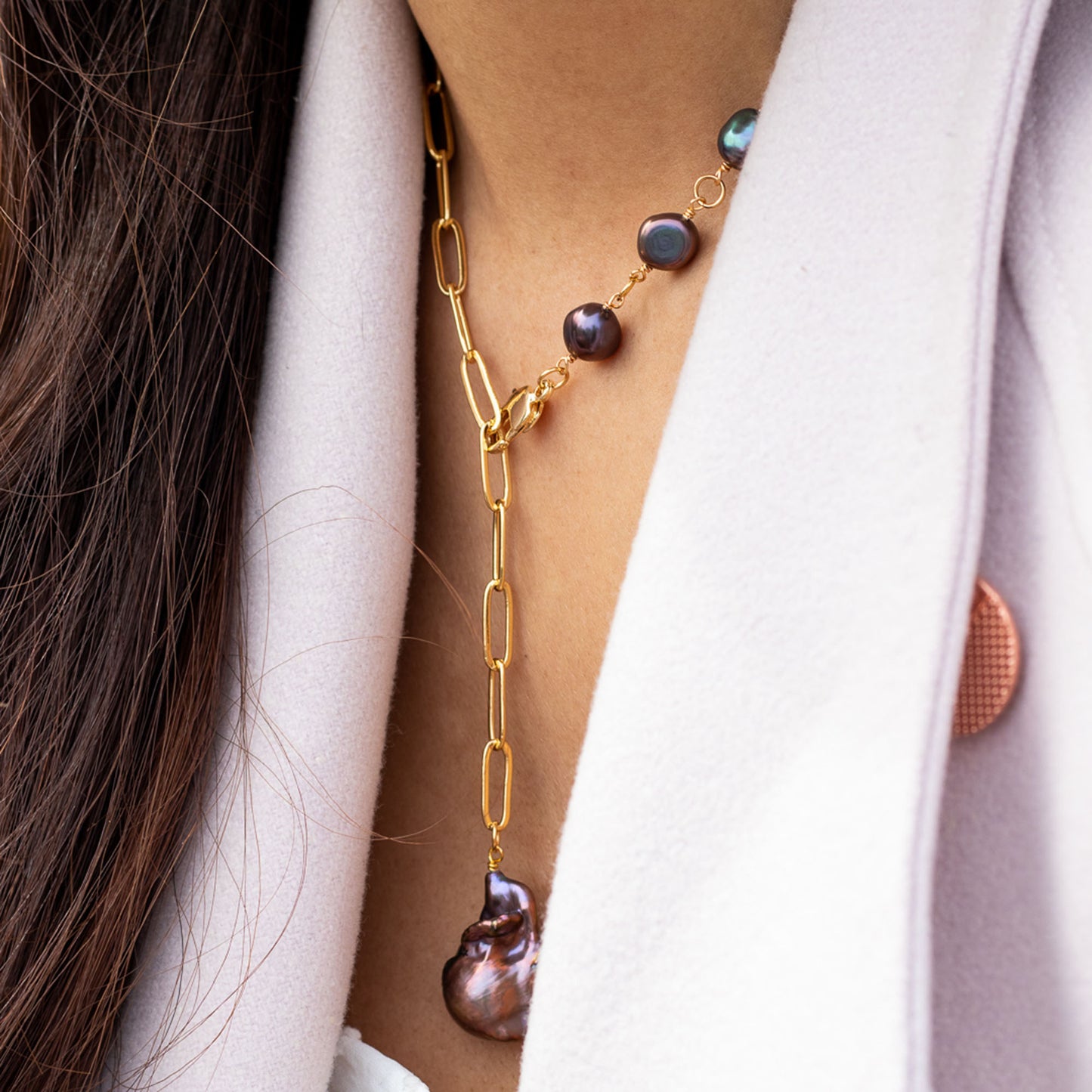 Amanda - Gold-Tone Paperclip and Freshwater Pearl Necklace