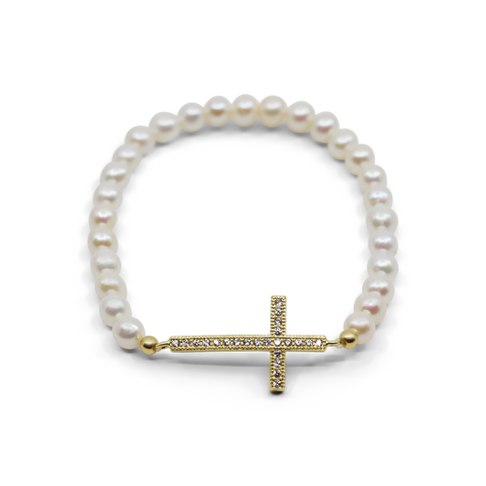 Anne - Cross and Freshwater Pearl Stretch Bracelet