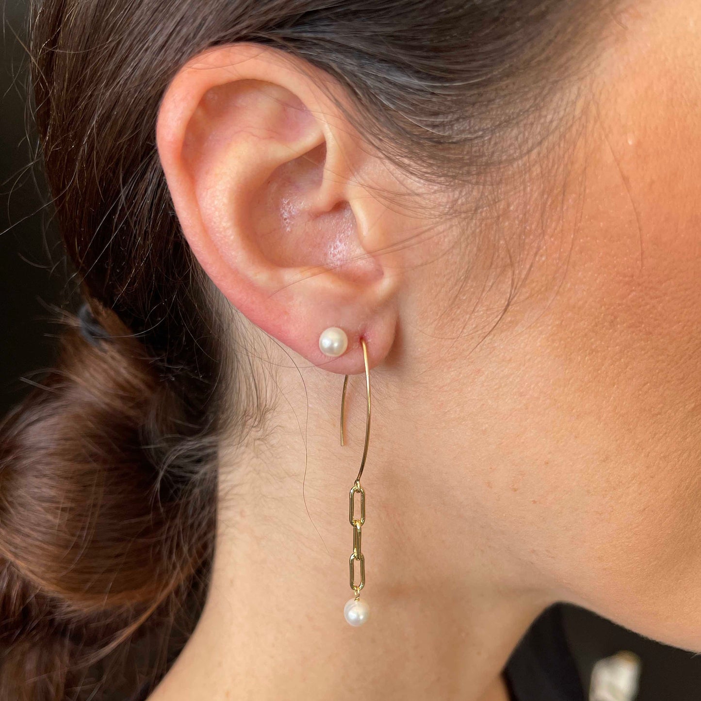 Camelia - Gold-Tone Petite Paperclip Freshwater Pearl Dangle Earrings