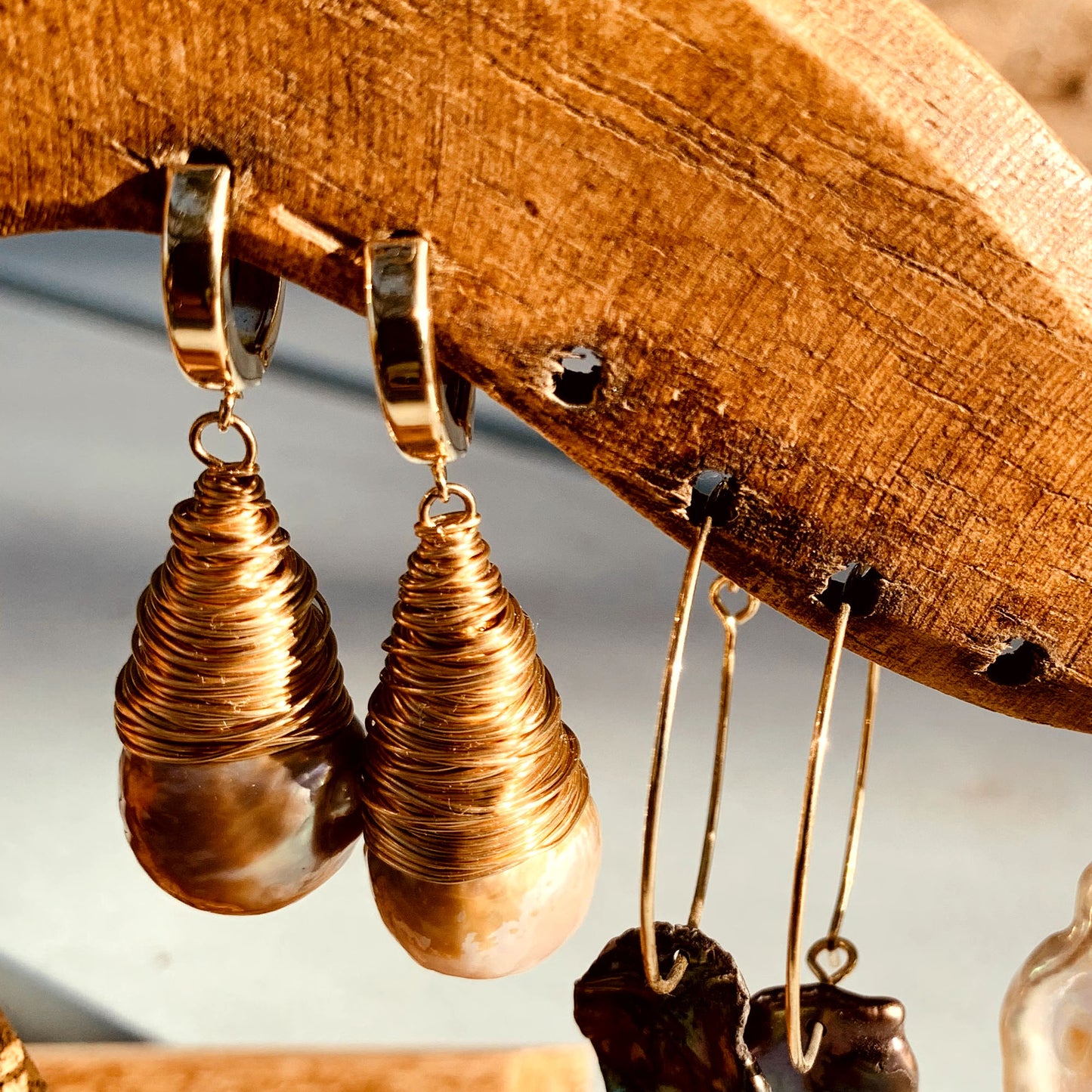 Koa - Gold-Tone Wire-Wrapped Freshwater Pearl Dangle Earrings