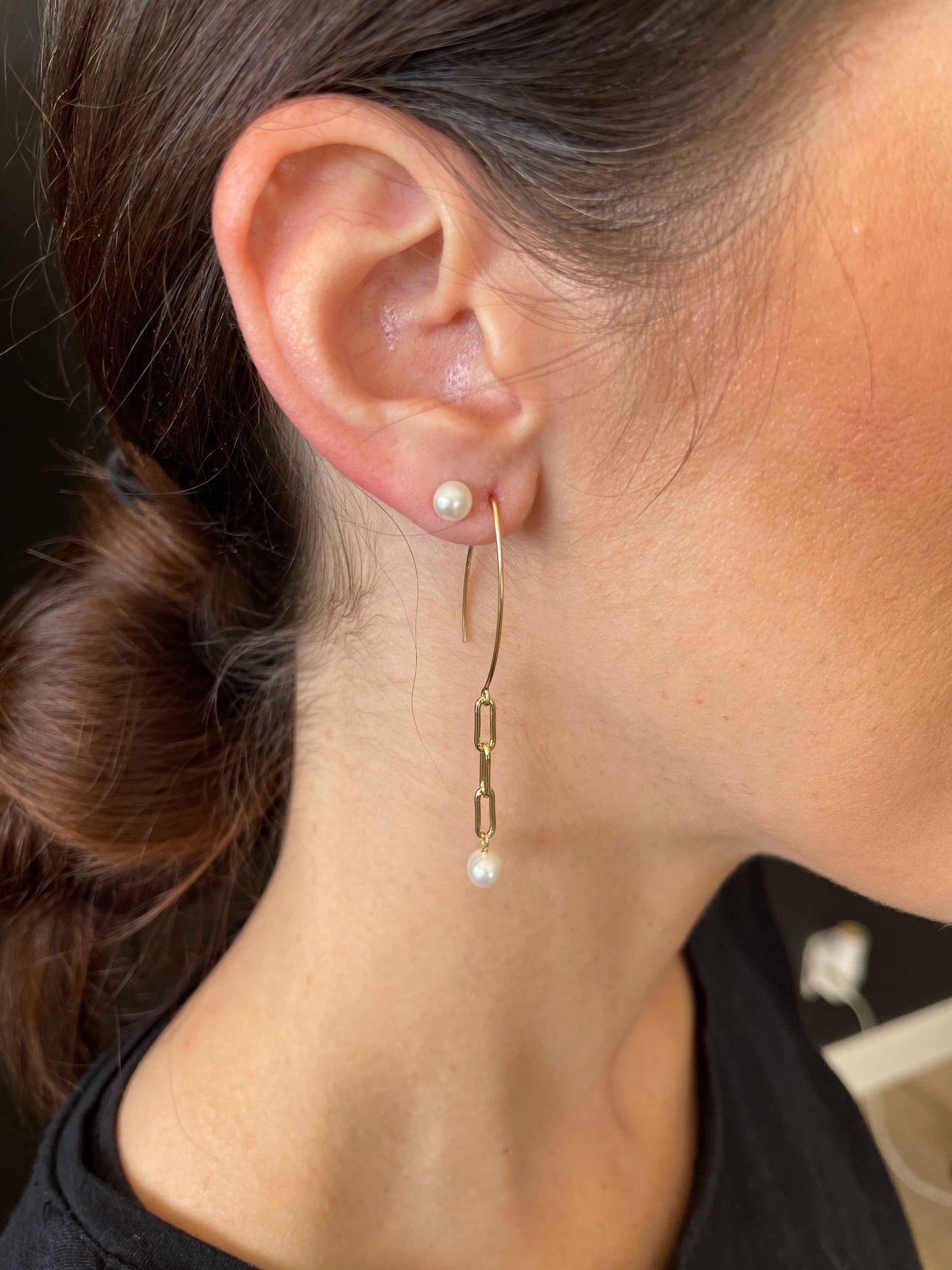 Camelia - Gold-Tone Petite Paperclip Freshwater Pearl Dangle Earrings