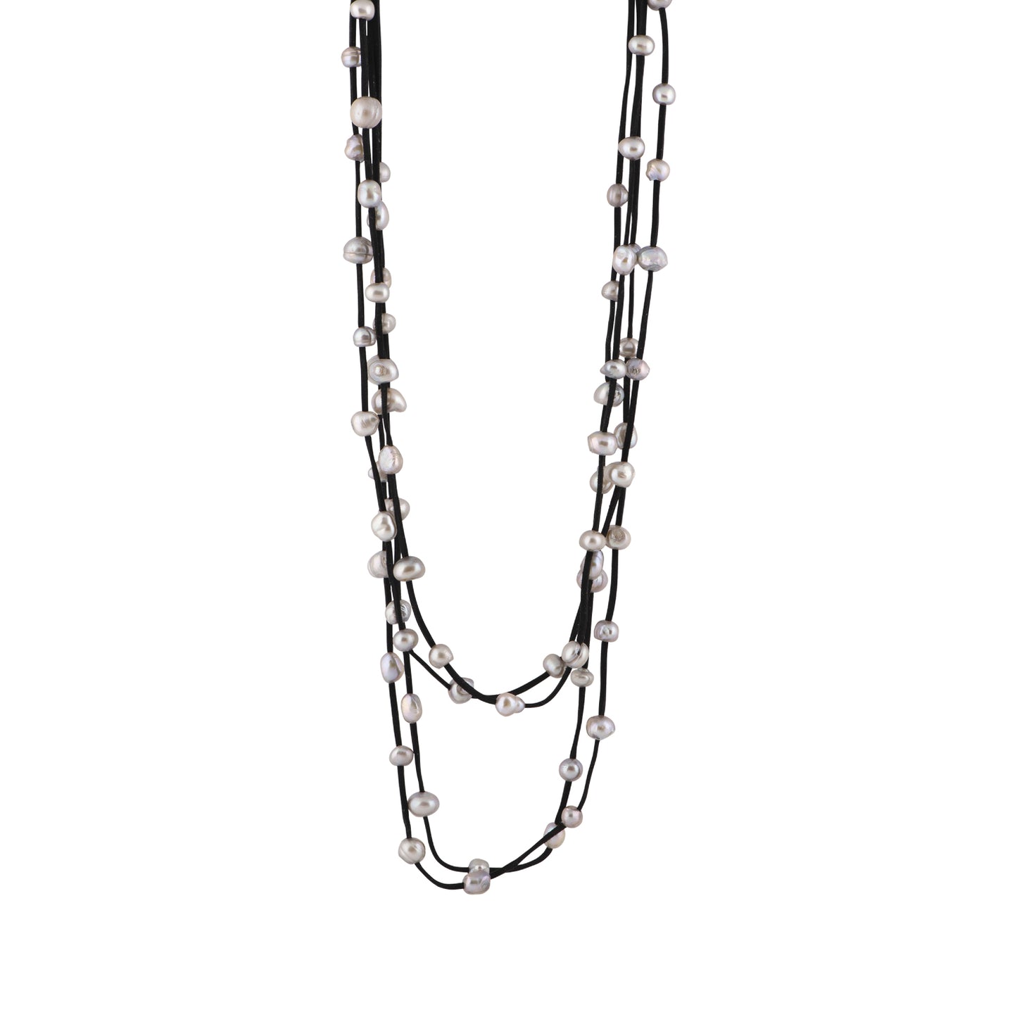Julie - Multi strand suede necklace with pearls (Black suede, silver pearls)
