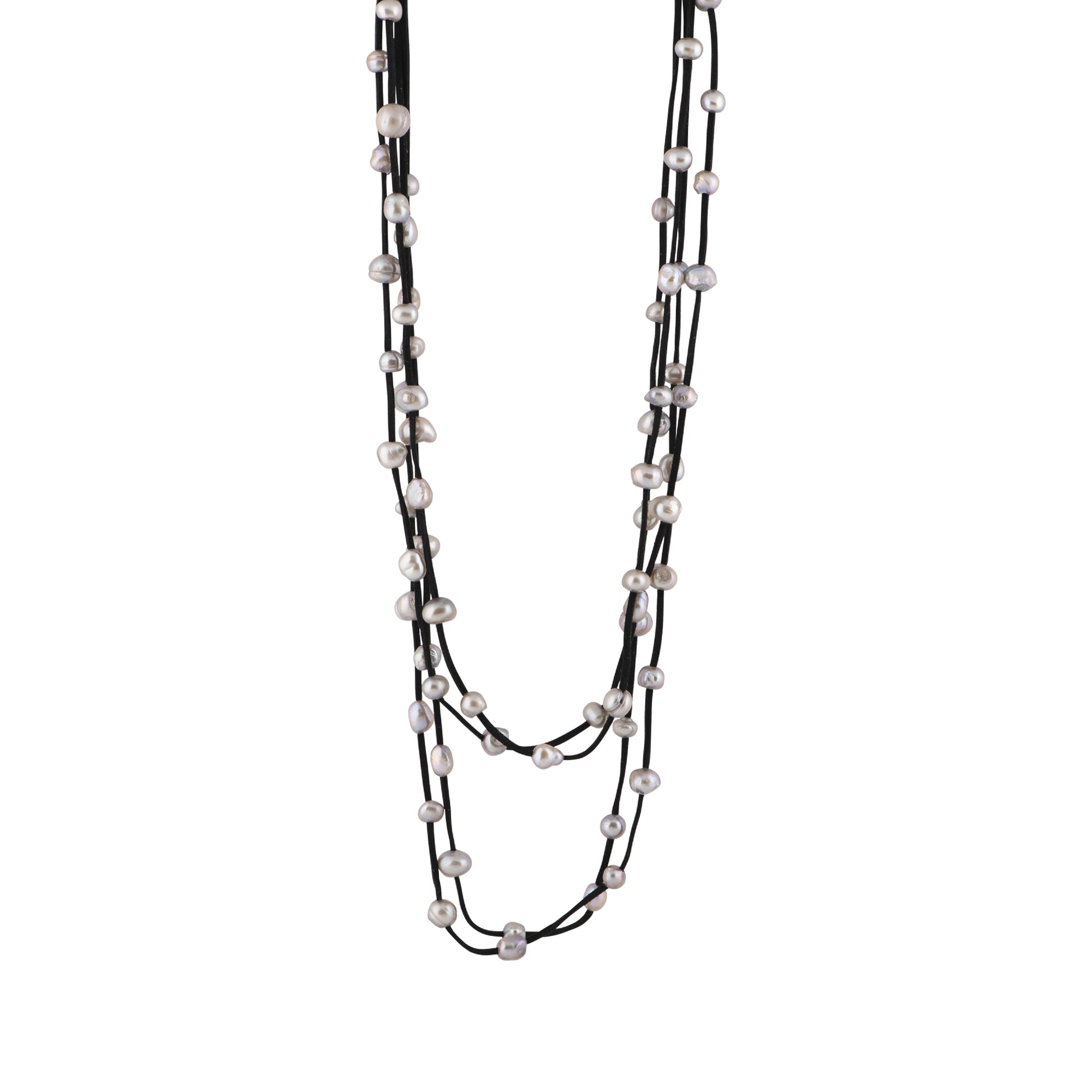 Julie - Multi strand suede necklace with pearls (Black suede, silver pearls)