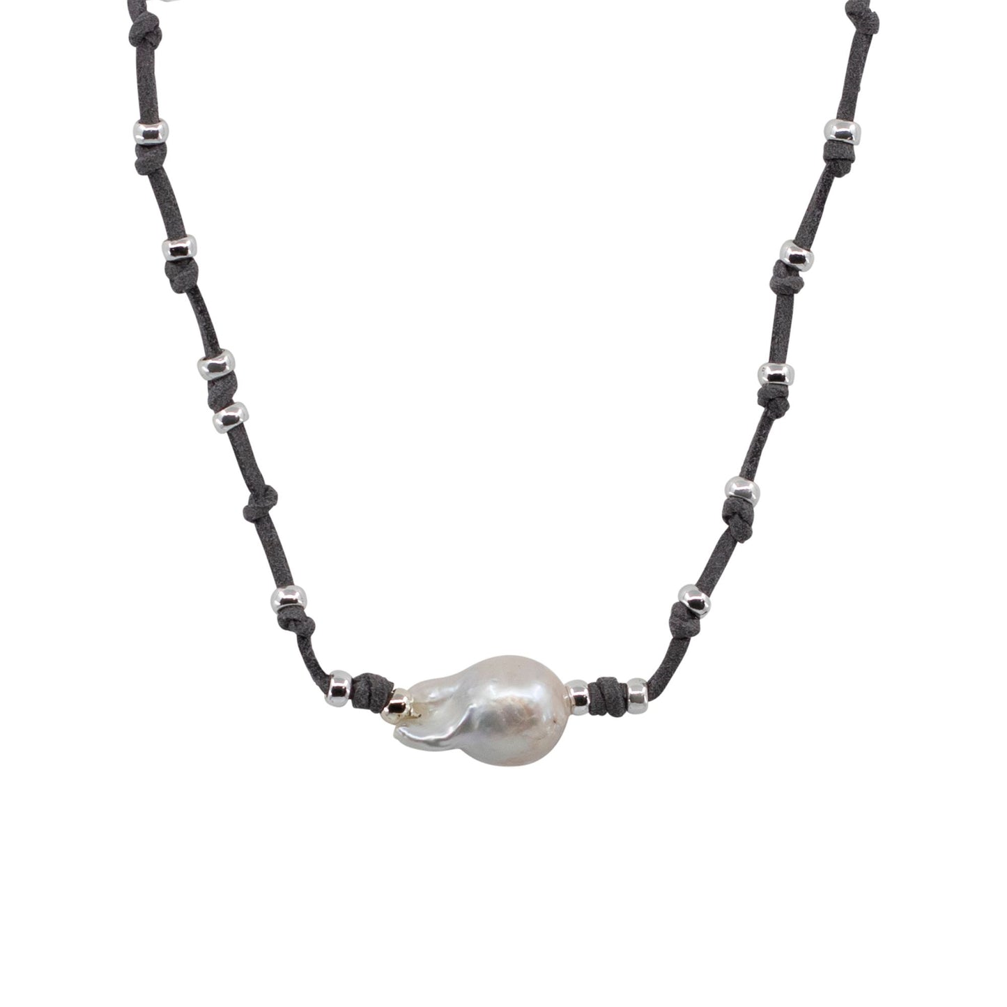 Karla - Hand-Knotted Suede and Freshwater Pearl Baroque Necklace