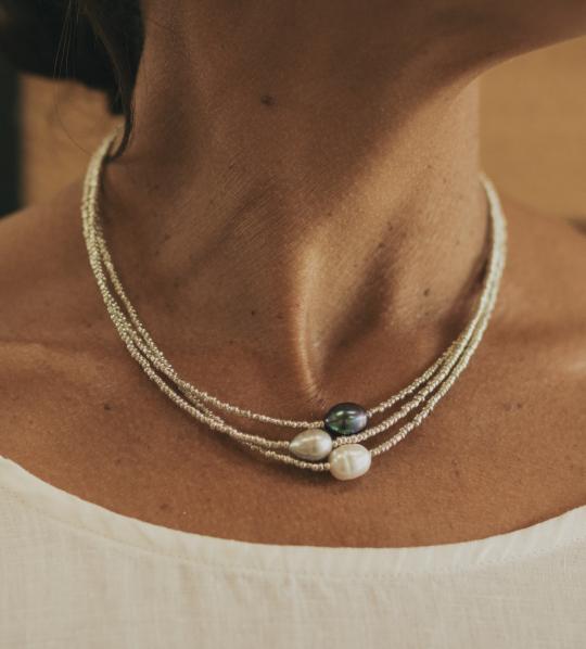 Silver Seed Bead with White, Silver and Dark Grey Pearl Necklaces