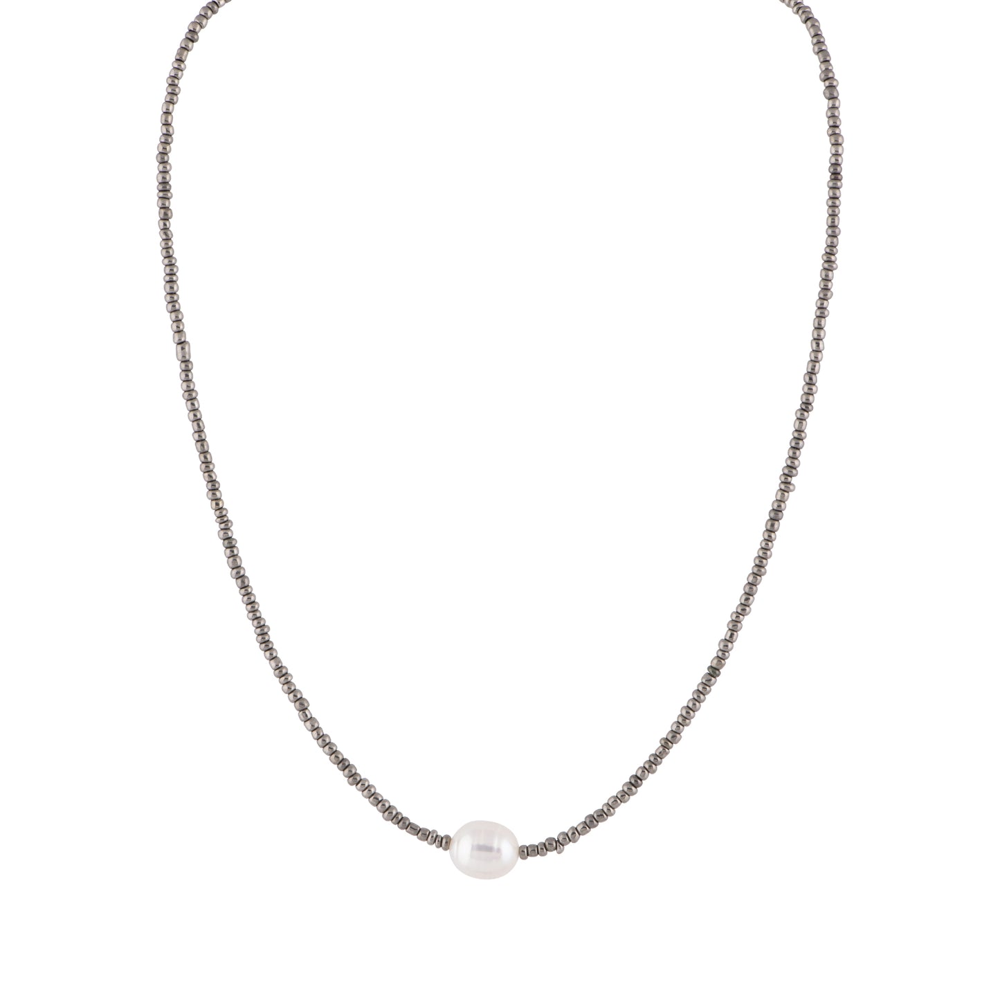 Grey Seed Bead and White Pearl Necklace