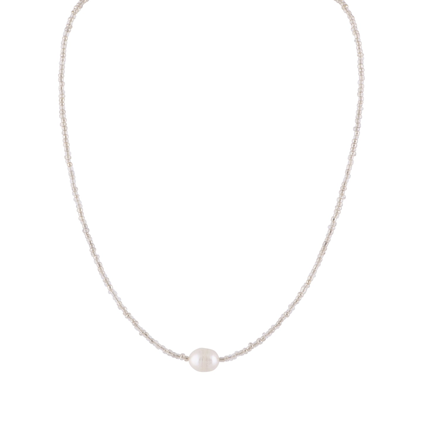 Silver Seed Bead and White Pearl Necklace