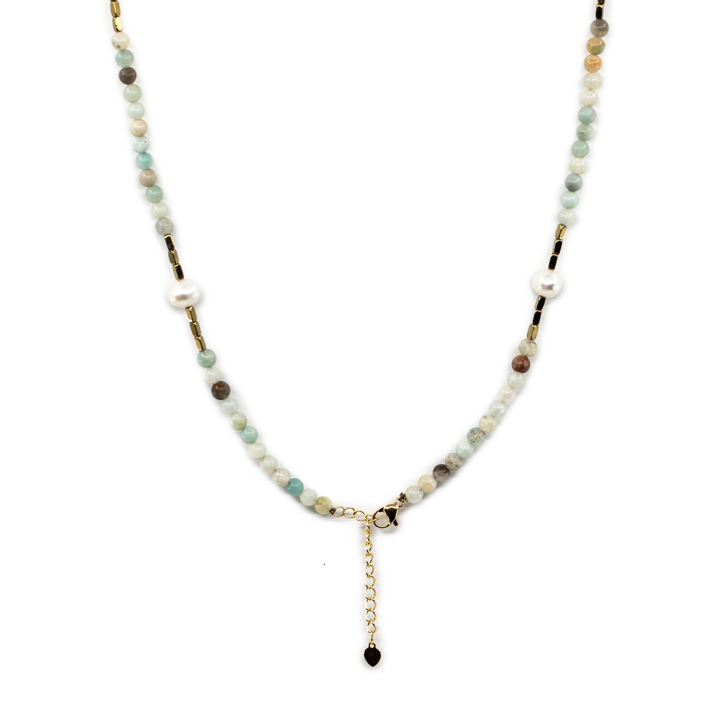 Andrea - Long Amazonite Stone and Gold Tone Bead Necklace