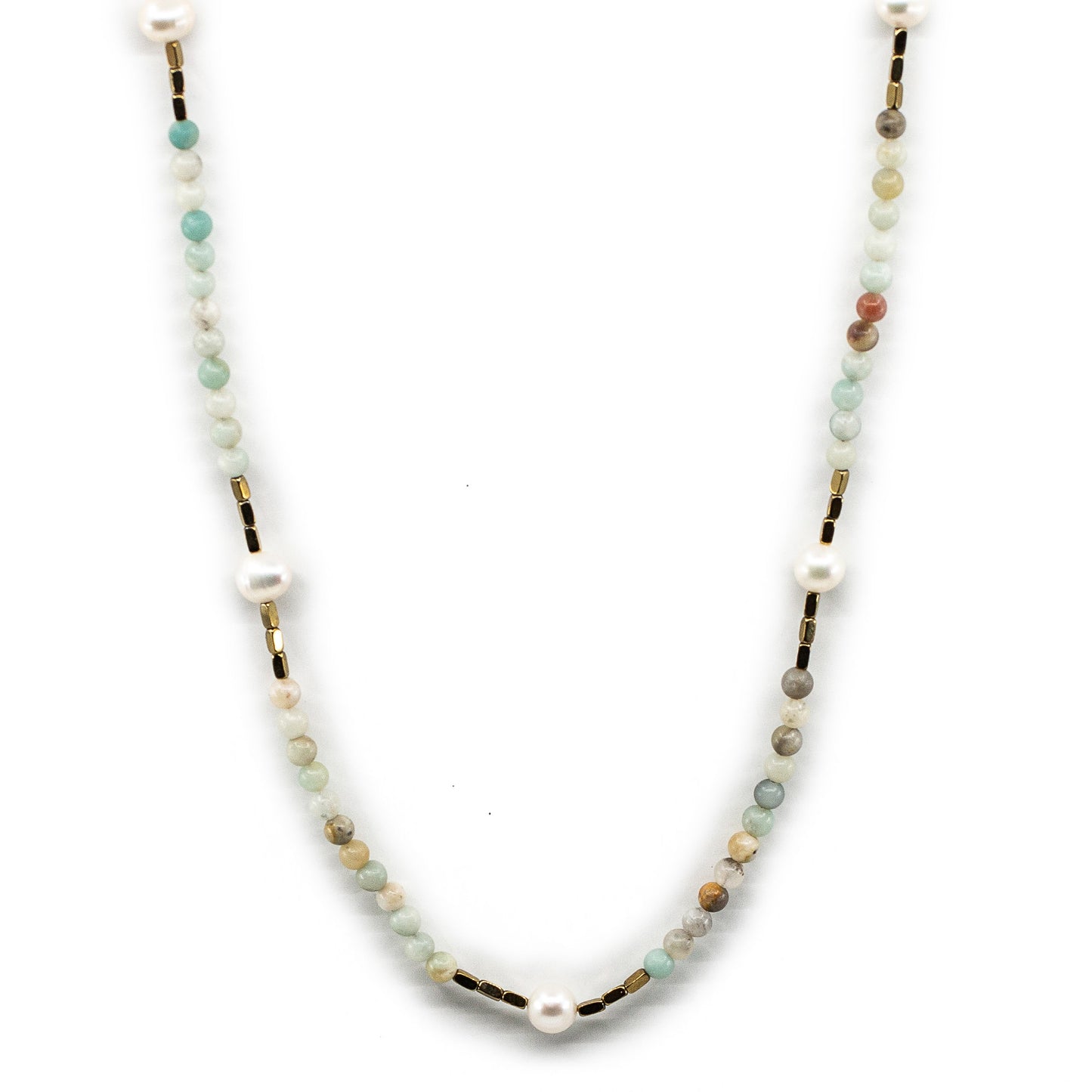 Andrea - Long Amazonite Stone and Gold Tone Bead Necklace