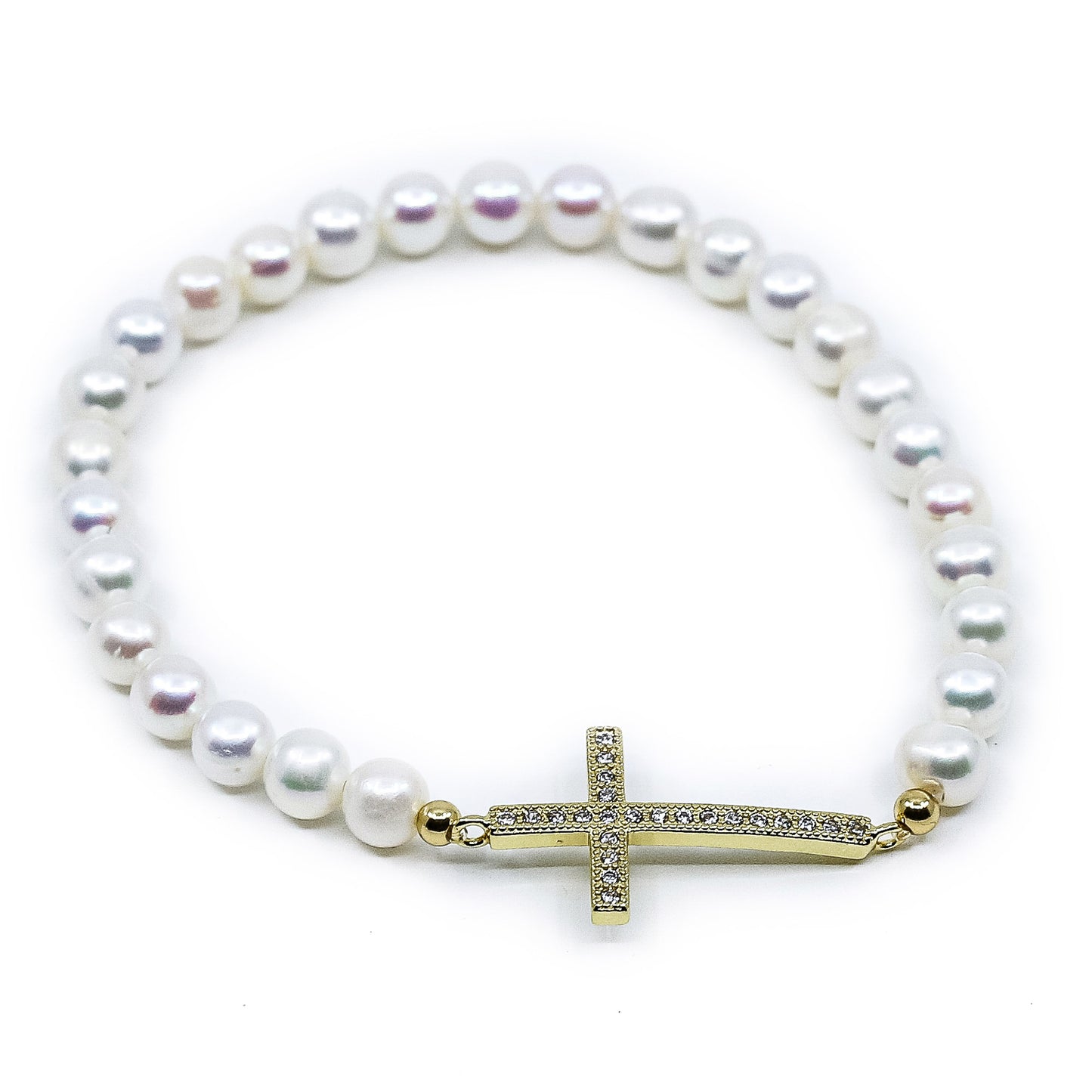 Anne - Cross and Freshwater Pearl Stretch Bracelet