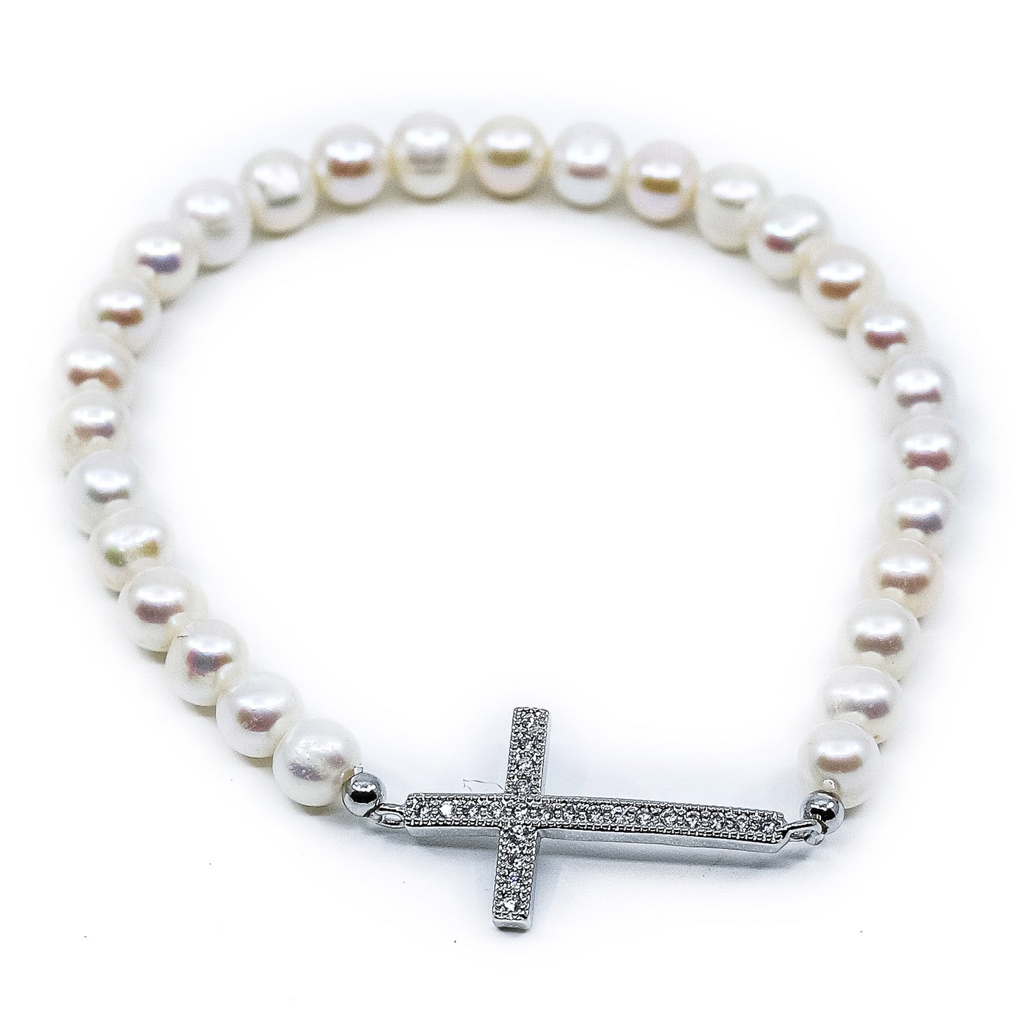 Anne - Cross and Freshwater Pearl Stretch Bracelet