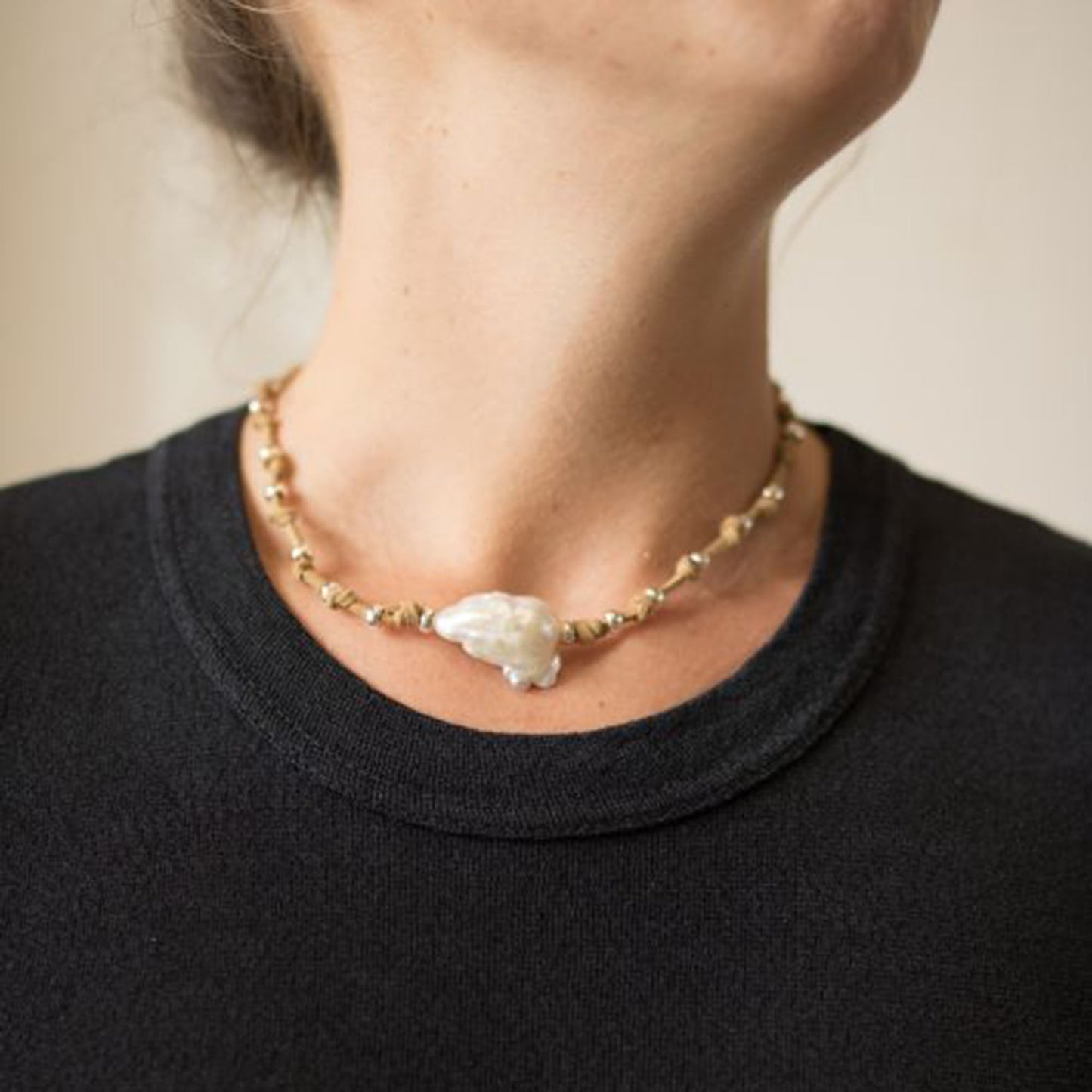 Karla - Hand-Knotted Suede and Freshwater Pearl Baroque Necklace