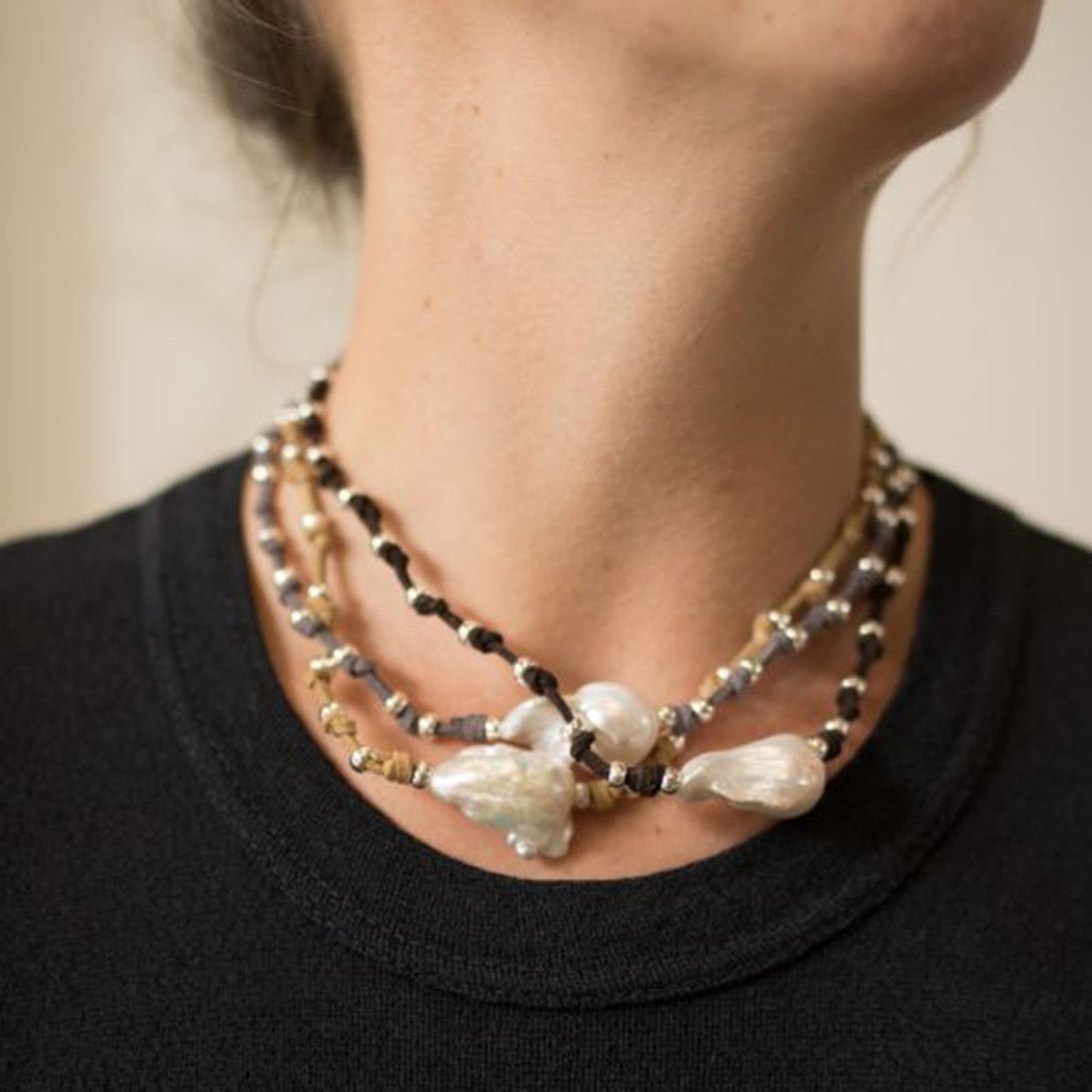 Karla - Hand-Knotted Suede and Freshwater Pearl Baroque Necklace