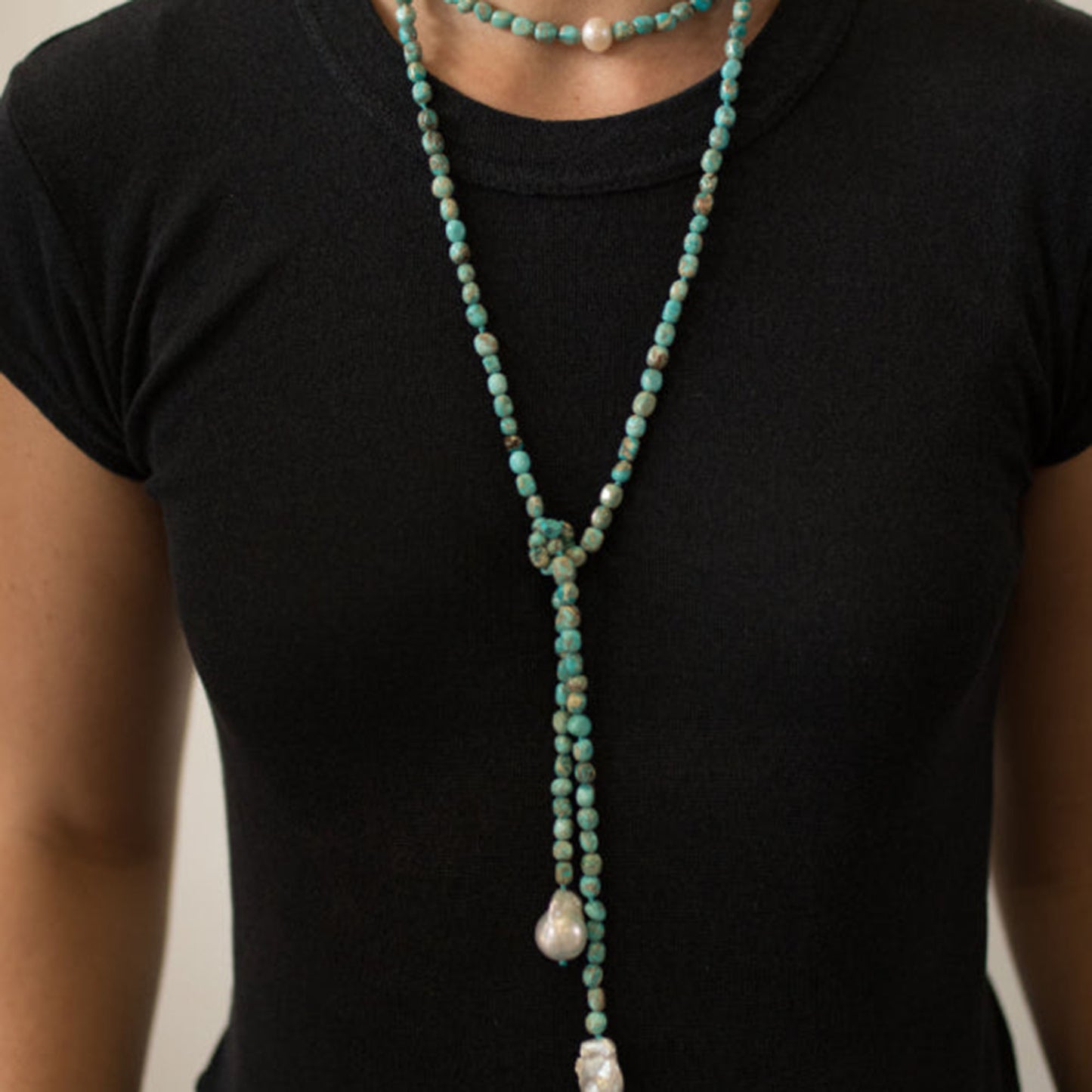 Laurie - Turquoise and Freshwater Pearl Baroque Lariat Necklace