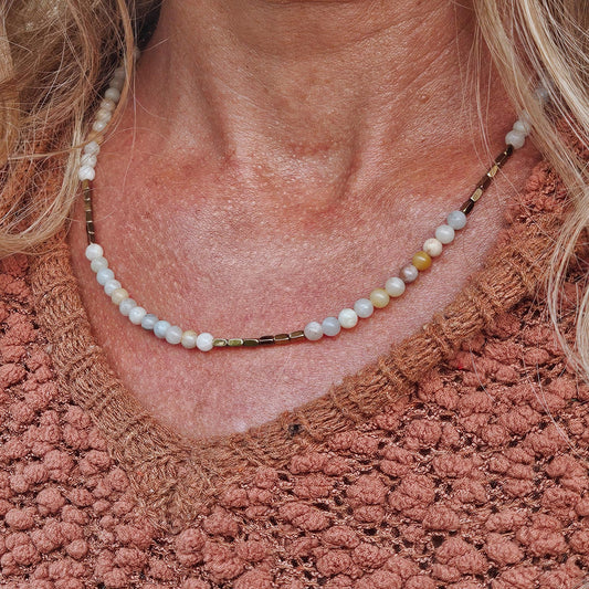 Naza - Short Amazonite Stone and Gold Tone Bead Necklace