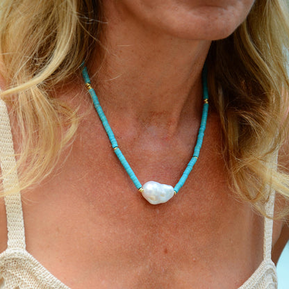 Jessica - Turquoise Colored Beads and Freshwater Pearl Baroque Necklace