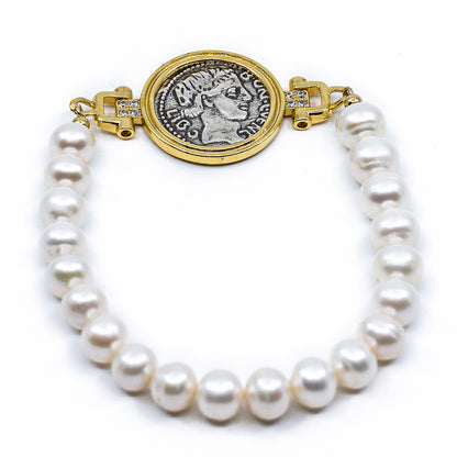 Patras - Gold-Tone Freshwater Pearl and Coin Charm Bracelet