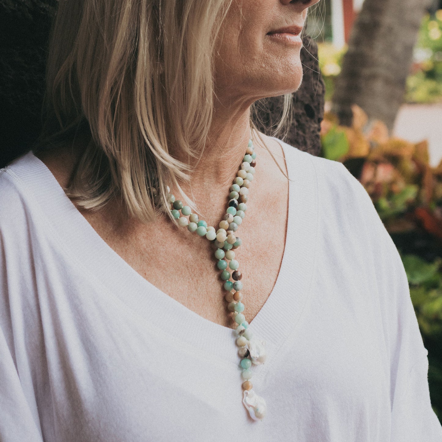 Stephanie - Amazonite and Freshwater Pearl Baroque Lariat Necklace