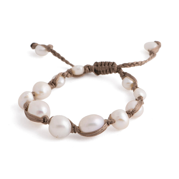 Marmara - Knotted string freshwater pearl bracelet (Brown strand, white pearls)
