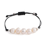 Aegean - Five freshwater pearl adjustable string bracelet (Black strand, white pearls)