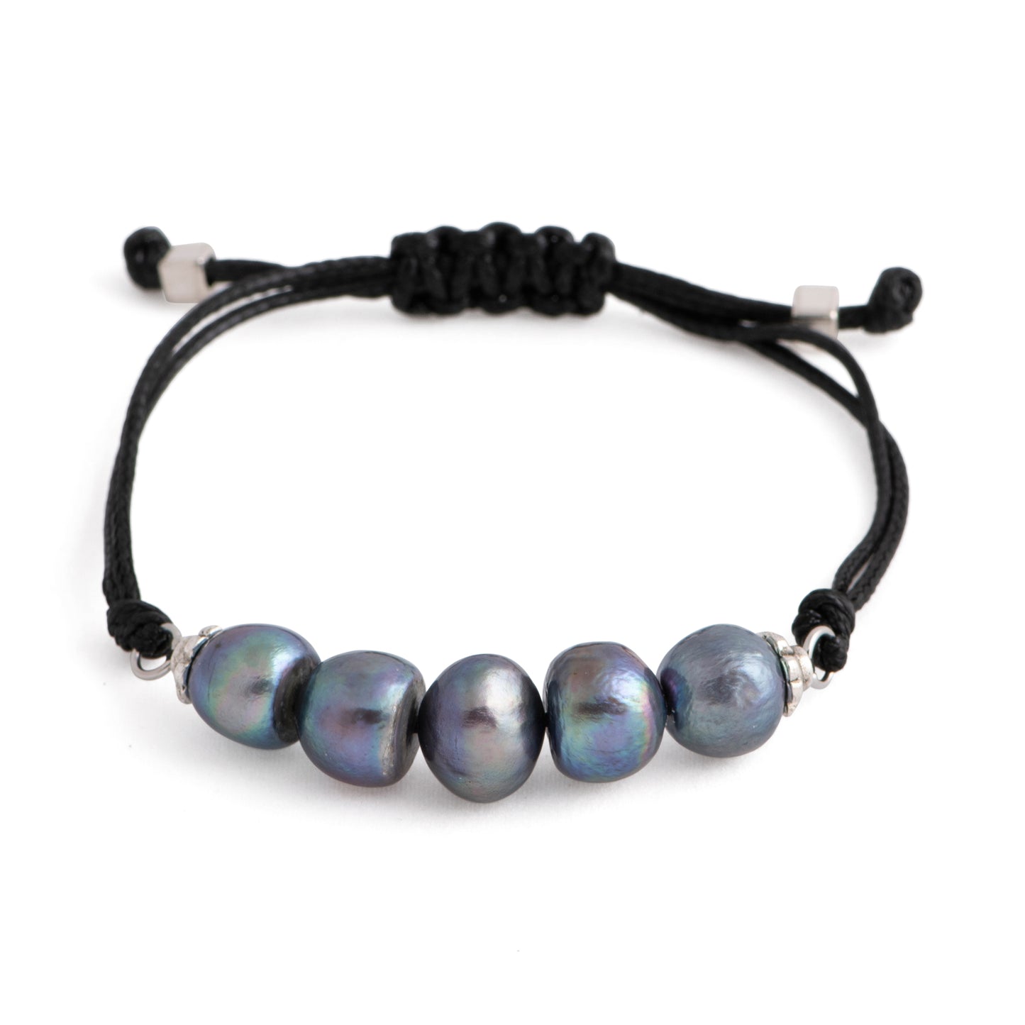 Aegean - Five freshwater pearl adjustable string bracelet (Black strand, dark grey pearls)