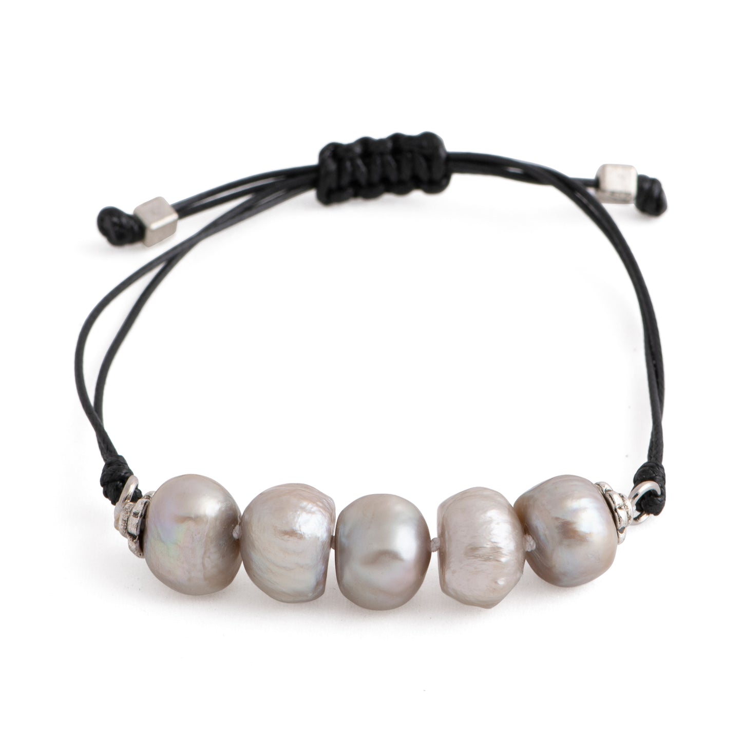 Aegean - Five freshwater pearl adjustable string bracelet (Black strand, silver pearls)