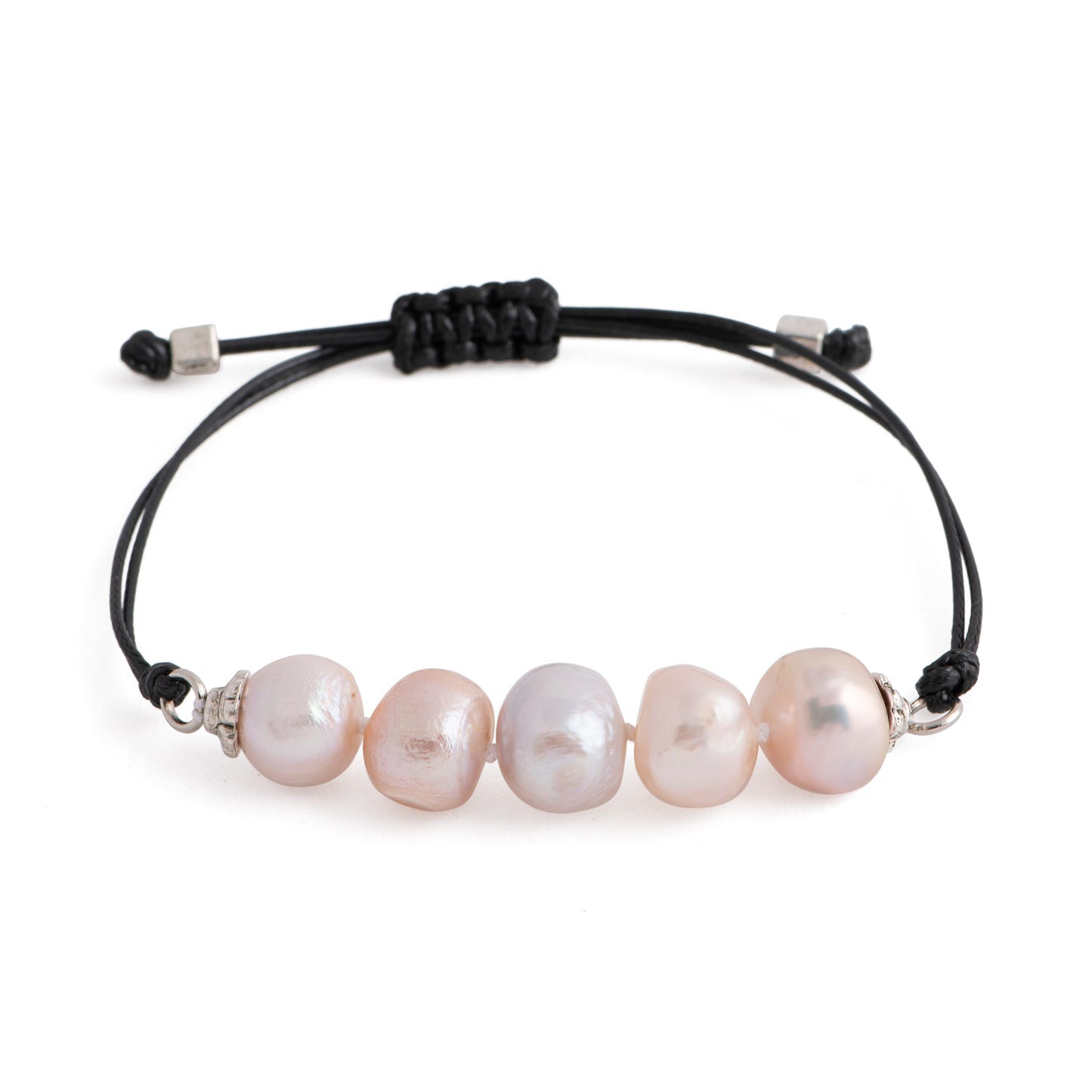 Aegean - Five freshwater pearl adjustable string bracelet (Black strand, natural pearls)