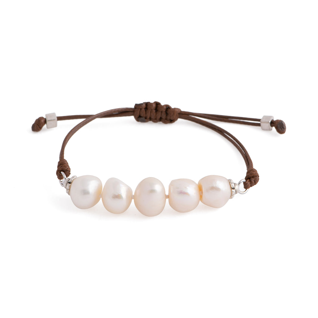 Aegean - Five freshwater pearl adjustable string bracelet (Dark brown strand, white pearls)