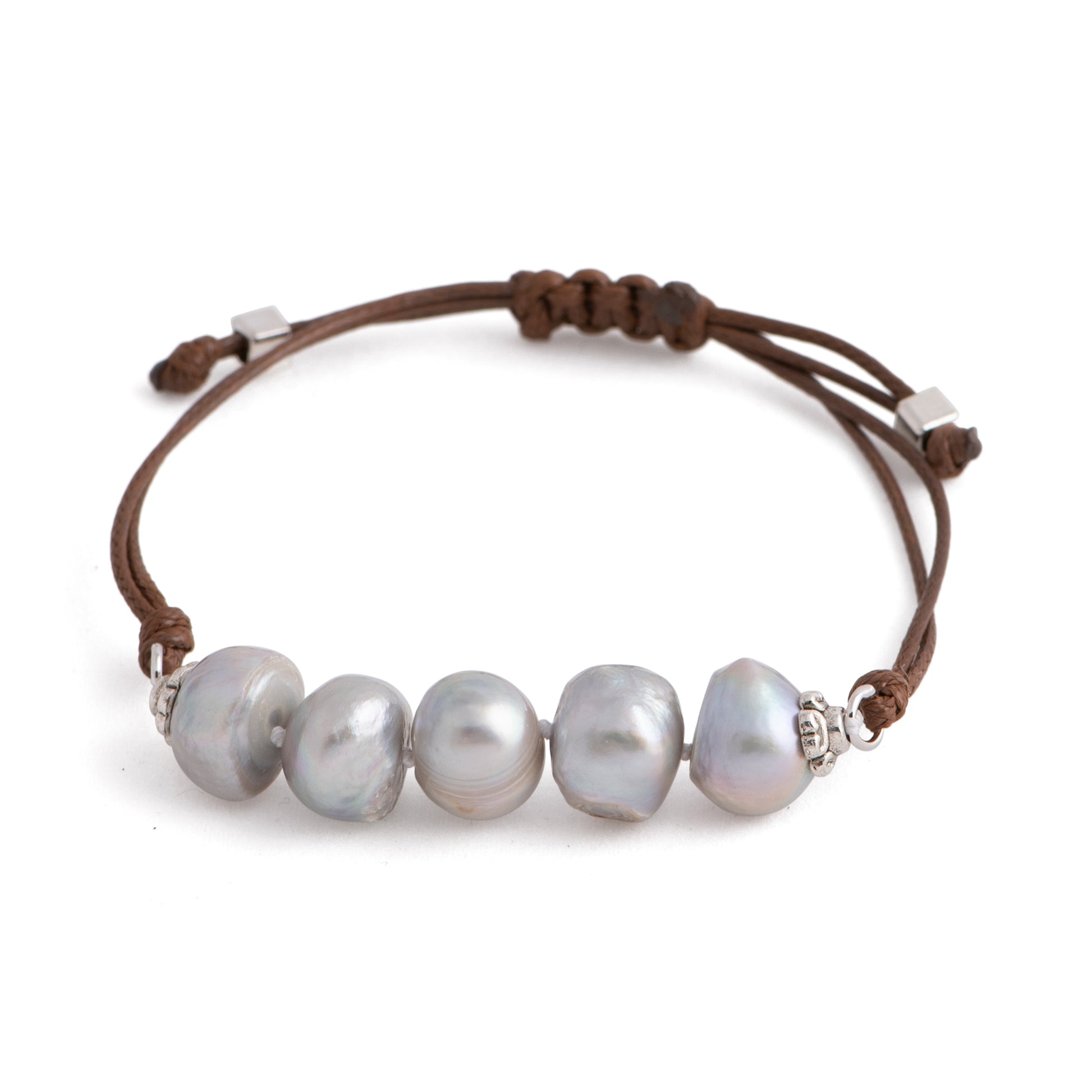 Aegean - Five freshwater pearl adjustable string bracelet (Dark brown strand, silver pearls)