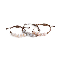 Aegean - Five freshwater pearl adjustable string bracelet (Dark brown strand, three colors)
