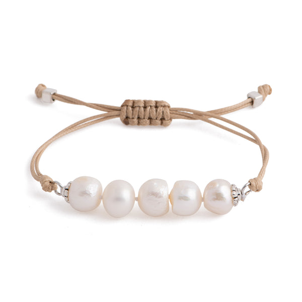 Aegean - Five freshwater pearl adjustable string bracelet (Tan strand, white pearls)