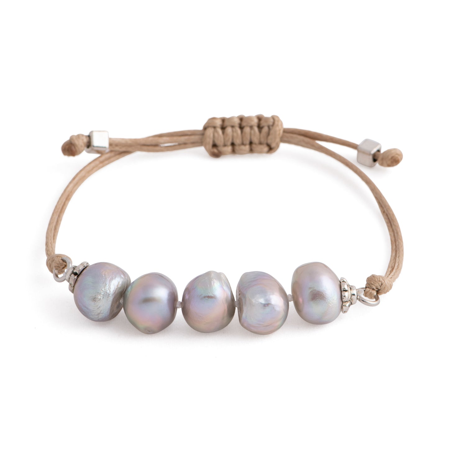 Aegean - Five freshwater pearl adjustable string bracelet (Tan strand, silver pearls)