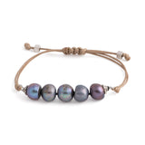 Aegean - Five freshwater pearl adjustable string bracelet (Tan strand, dark grey pearls)