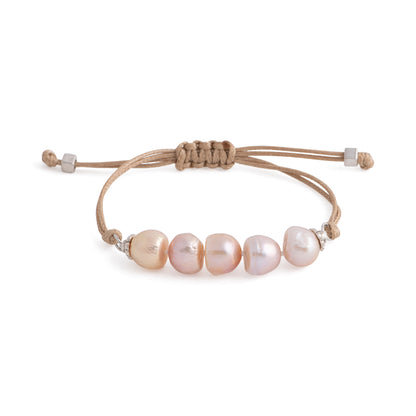 Aegean - Five freshwater pearl adjustable string bracelet (Tan strand, natural pearls)