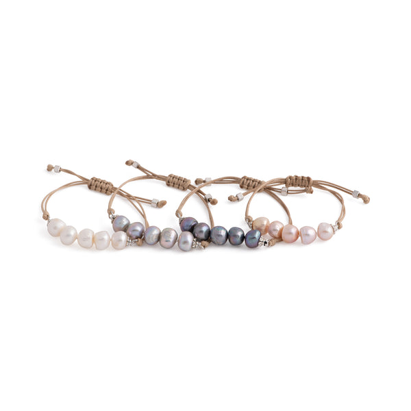 Aegean - Five freshwater pearl adjustable string bracelet (Tan strand, four colors)