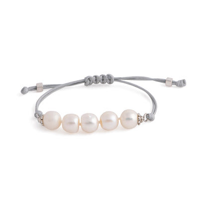 Aegean - Five freshwater pearl adjustable string bracelet (Grey strand, white pearls)