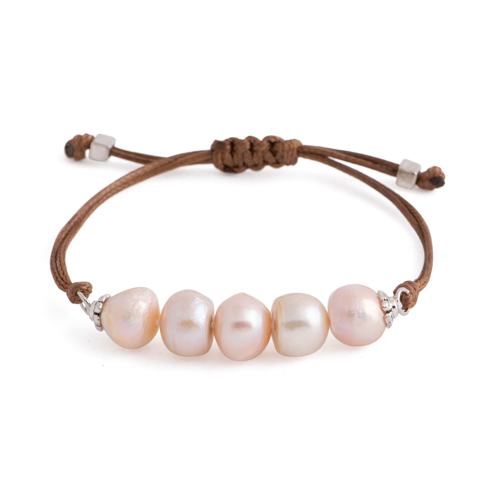 Aegean - Five freshwater pearl adjustable string bracelet (Dark brown strand, natural pearls)