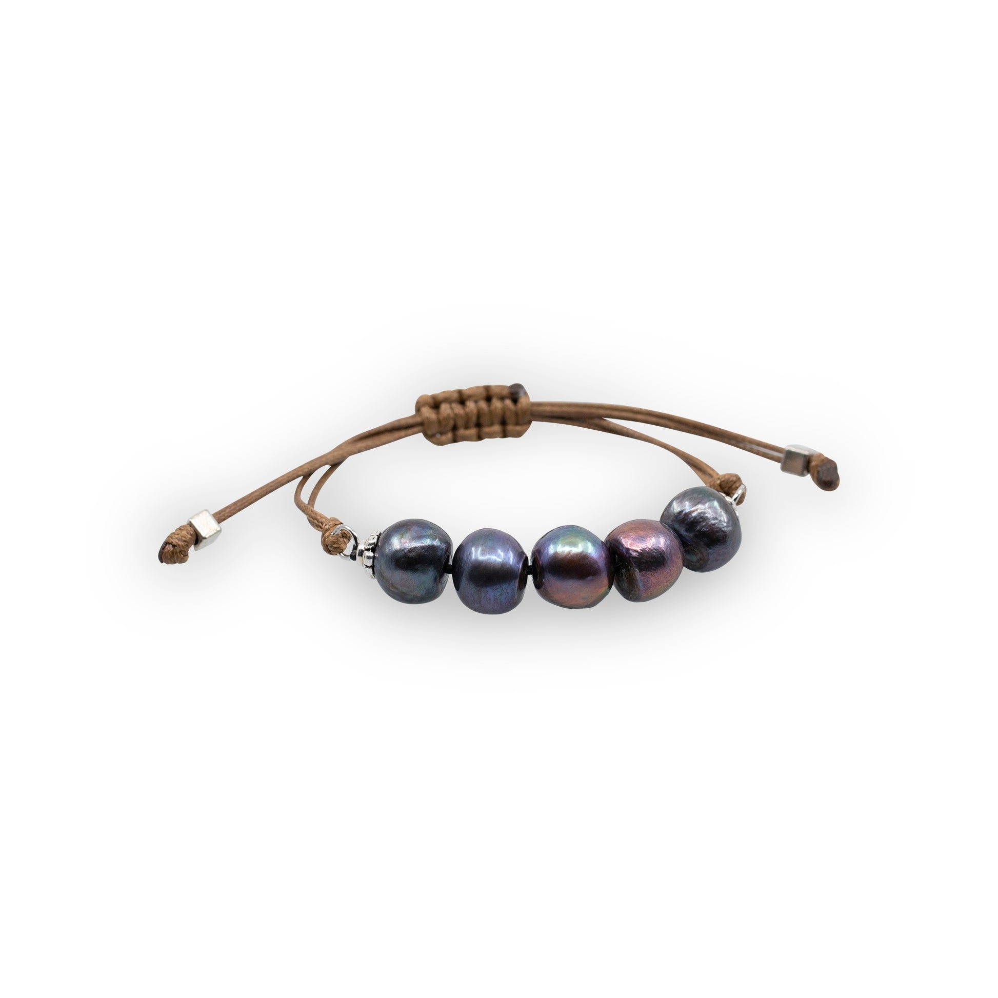 Aegean - Five freshwater pearl adjustable string bracelet (Dark brown strand, dark grey pearls)