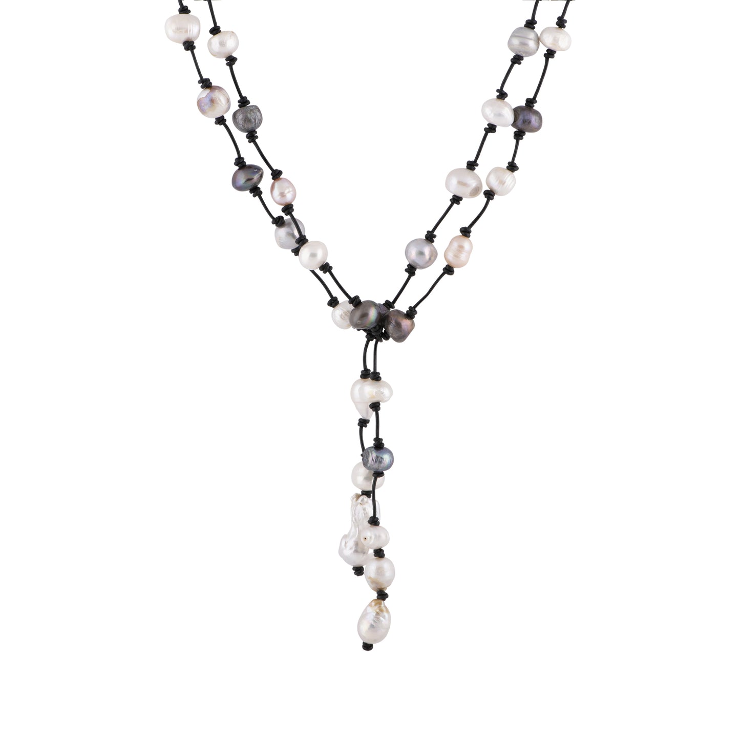 Alana - Leather hand knotted freshwater pearl lariat necklace with baroque freshwater pearl ends (Black strand)