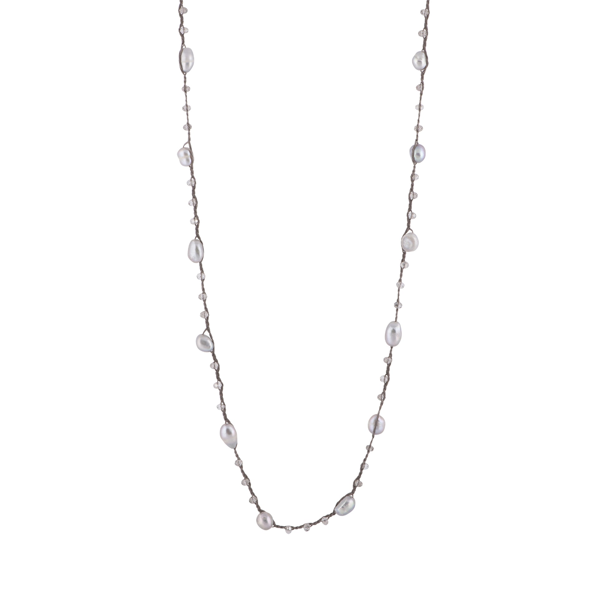 Antonia - Crochet crystal necklace with freshwater pearls (Silver pearls)