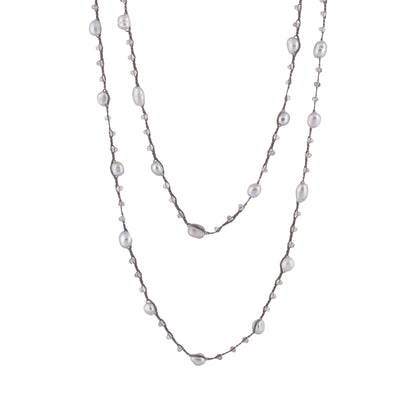 Antonia - Crochet crystal necklace with freshwater pearls (Silver pearls, layered)