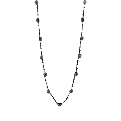 Antonia - Crochet crystal necklace with freshwater pearls (Dark grey pearls)