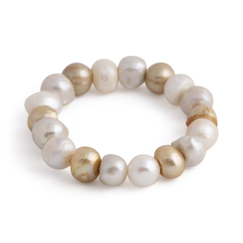 Pacific - Freshwater pearl stretch bracelet (White and gold pearls)