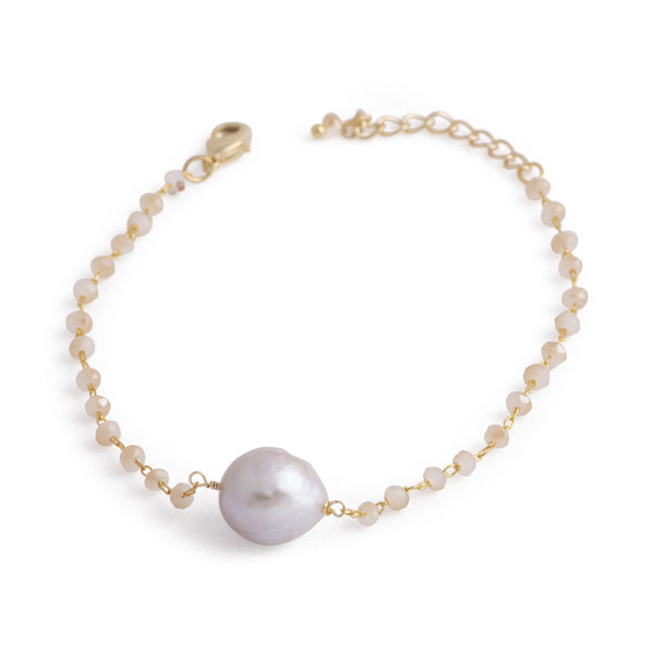 Hudson - Freshwater pearl and crystal bracelet (Tan crystals, silver pearl)