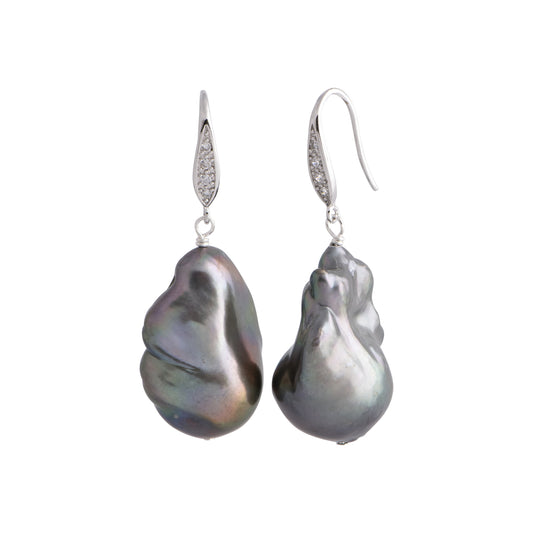 Amosa - Silver crystal and pearl drop earrings (Dark grey pearls)