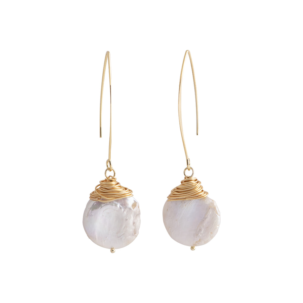 Inoa - Gold-tone round freshwater coin pearl earrings (White pearls)
