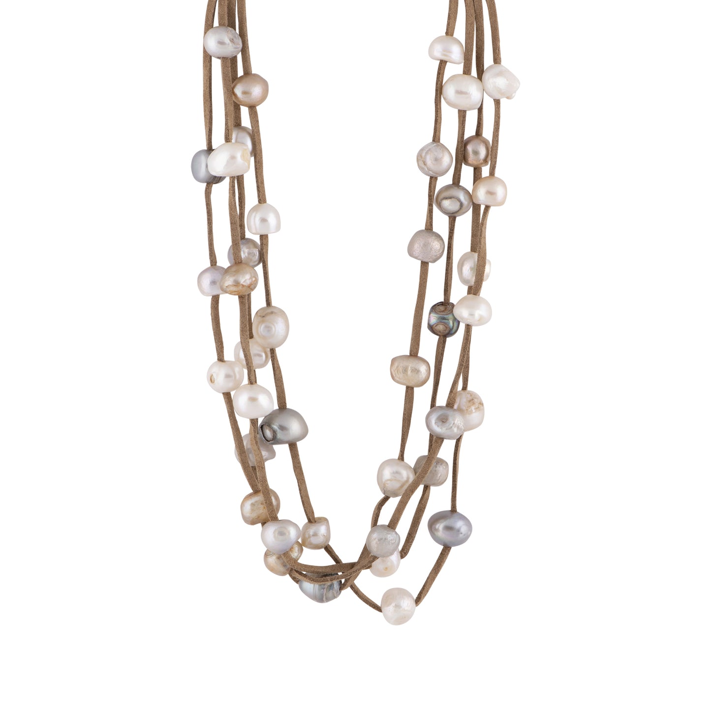 Kathy - Multi strand freshwater pearl necklace (Dark brown suede, multicolor pearls)