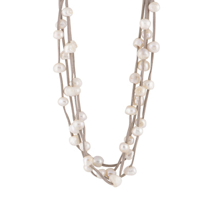 Kathy - Multi strand freshwater pearl necklace (Grey suede, white pearls)