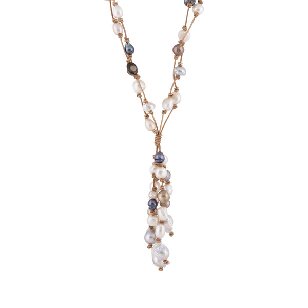 Rachel - Freshwater pearl and leather necklace (Tan leather, multicolor pearls)