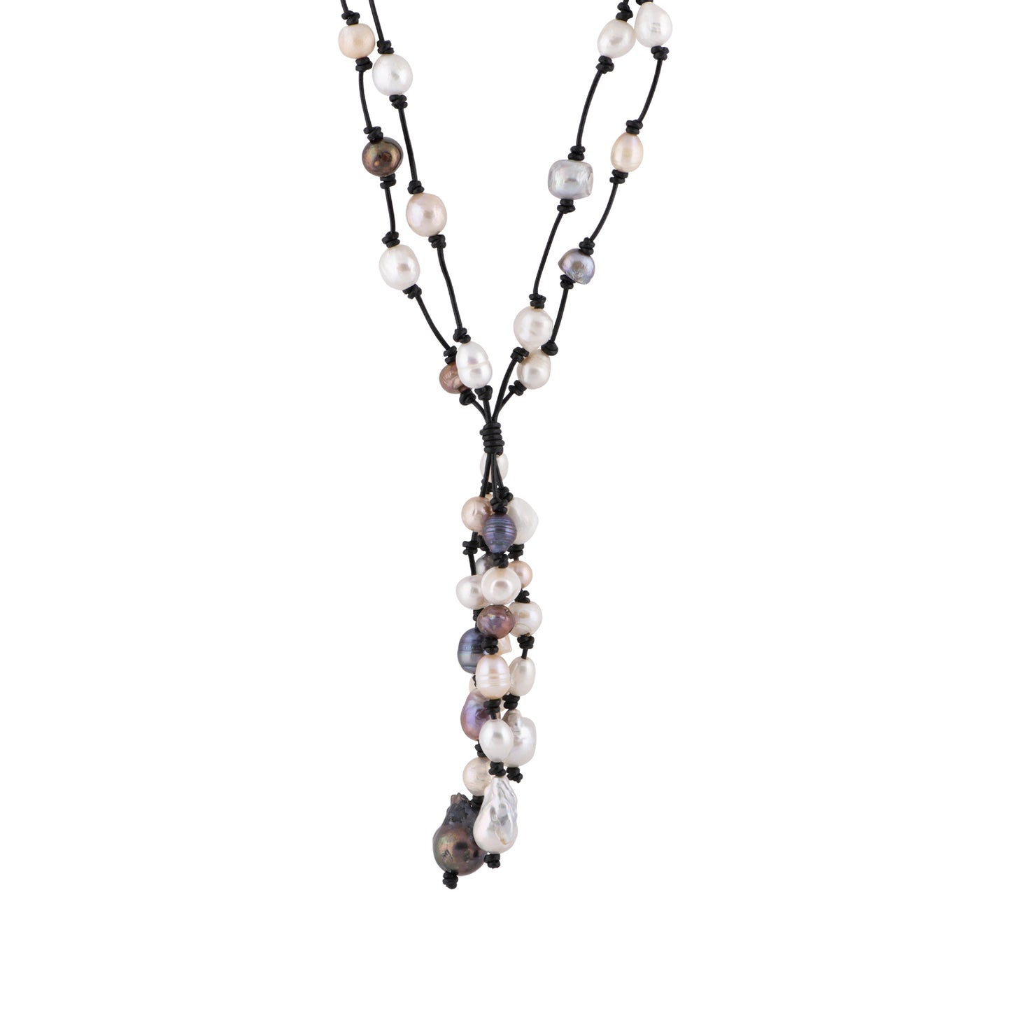 Rachel - Freshwater pearl and leather necklace (Black leather, multicolor pearls)